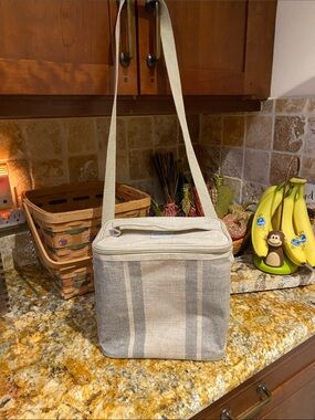 SOYOUNG/ Beige Stripe Canvas Cooler Bag-Lunch Box.